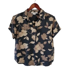 VTG Jones New York Silk Button-Up Blouse Sz 8 Black Cream Floral Cottagecore Y2K
